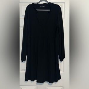 Boohoo Black Ribbed Long Sleeve VNeck Dress Size 16 EUC